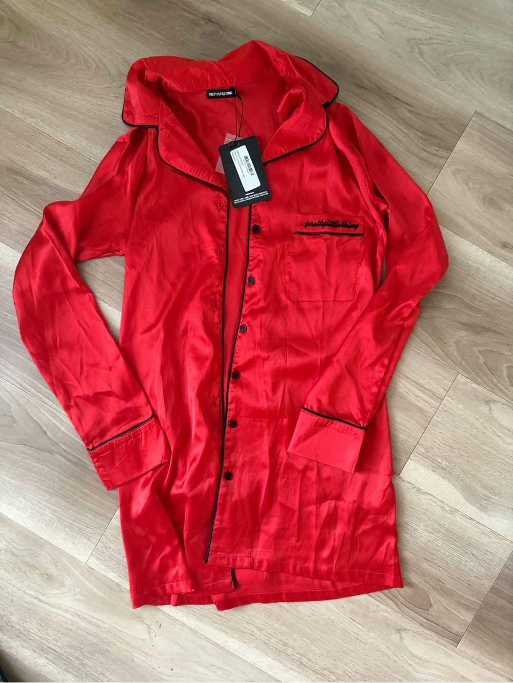 PrettyLittleThing Red Satin Pajama Shirt with Black Trim